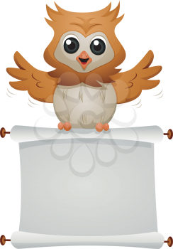 Royalty Free Clipart Image of an Owl With a Blank Scroll
