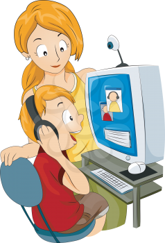 Royalty Free Clipart Image of a Mom and Child Chatting With Dad on a Computer