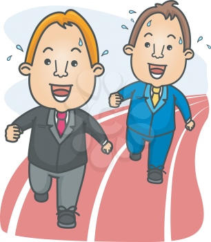 Royalty Free Clipart Image of Two Guys in Suits on a Racetrack