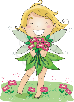 Royalty Free Clipart Image of a Spring Fairy Holding a Bouquet