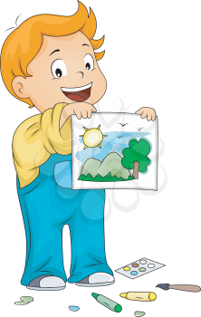 Royalty Free Clipart Image of a Child Showing His Artwork