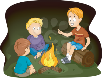 Royalty Free Clipart Image of Children Around a Campfire