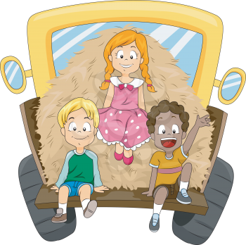 Royalty Free Clipart Image of a Children in the Back of a Truck With Hay