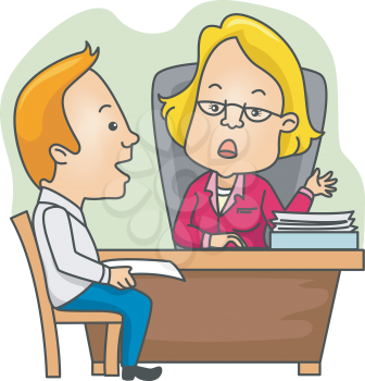 Royalty Free Clipart Image of a Woman at a Desk Talking to a Man