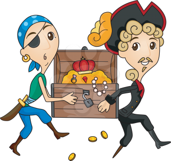 Royalty Free Clipart Image of Pirates Carrying Treasure