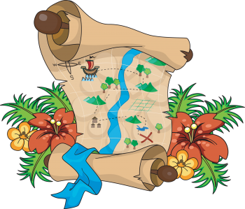 Royalty Free Clipart Image of a Treasure Map on Flowers