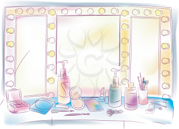 Royalty Free Clipart Image of a Vanity and Mirror