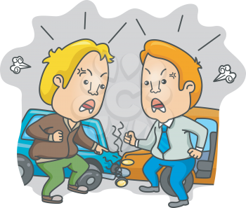 Royalty Free Clipart Image of Two Men Arguing at an Car Crash