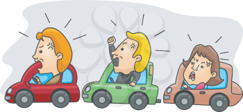 Royalty Free Clipart Image of a Three Angry People in Cars