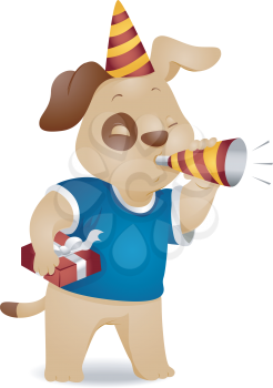 Royalty Free Clipart Image of a Celebrating Puppy With a Noisemaker and Present