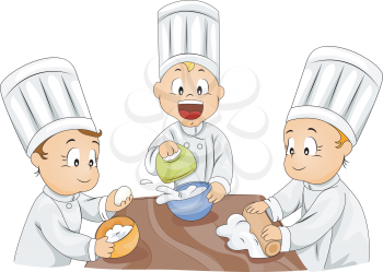 Royalty Free Clipart Image of Three Kids Baking