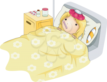 Royalty Free Clipart Image of a Sick Girl in Her Bed