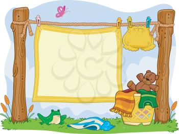 Royalty Free Clipart Image of a Blanket Hanging on a Clothesline
