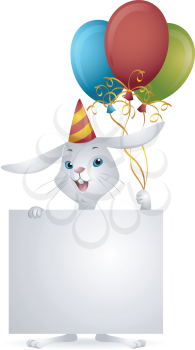 Royalty Free Clipart Image of a Rabbit Holding a Blank Sign and Balloons
