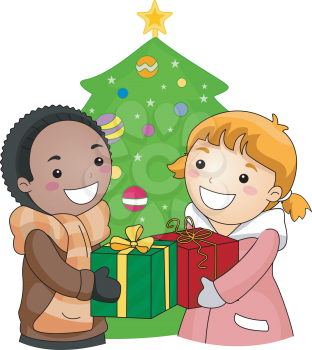 Royalty Free Clipart Image of a Boy and Girl Exchanging Gifts at Christmas