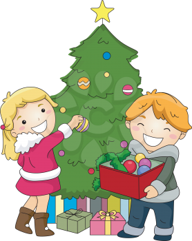 Royalty Free Clipart Image of Children at a Christmas Tree