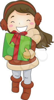 Royalty Free Clipart Image of a Happy Little Girl With a Christmas Present