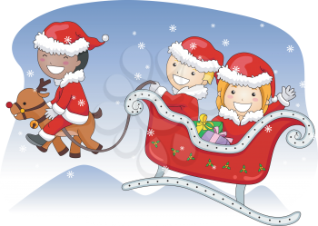 Royalty Free Clipart Image of Children in Santa Suits With a Reindeer and Sleigh