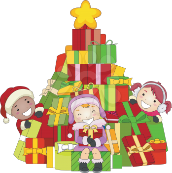 Royalty Free Clipart Image of Children Around a Tree of Christmas Presents