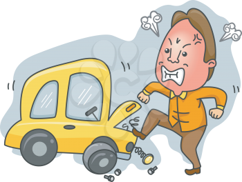 Royalty Free Clipart Image of a Man Having Car Trouble