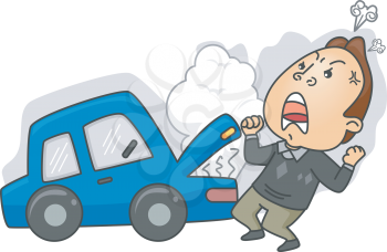Royalty Free Clipart Image of an Angry Man Having Car Trouble