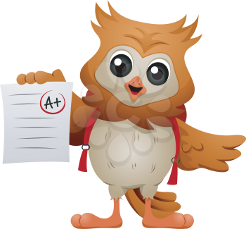 Royalty Free Clipart Image of an Owl Holding a Paper With an A Plus