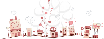 Royalty Free Clipart Image of Buildings With Hearts