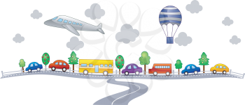 Royalty Free Clipart Image of a Scene With a Variety of Transportation