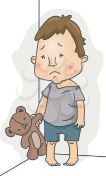 Royalty Free Clipart Image of a Child With Bruises Standing in a Corner