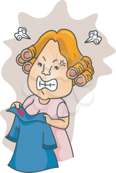 Royalty Free Clipart Image of a Wife Finding a Lipstick Mark on Her Husband's Shirt