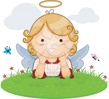 Royalty Free Clipart Image of a Girl Angel Lying on the Lawn
