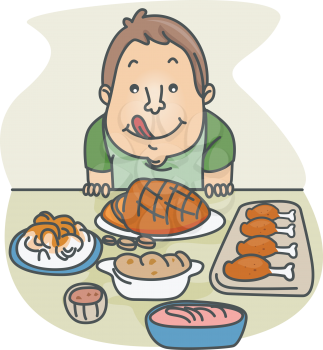 Royalty Free Clipart Image of a Man With a Lot of Food in Front of Him