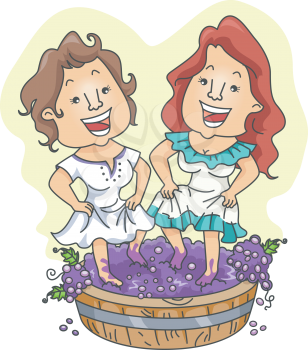 Royalty Free Clipart Image of a Pair of Women Stomping on Grapes
