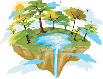 Royalty Free Clipart Image of an Island With a Lake and Waterfall