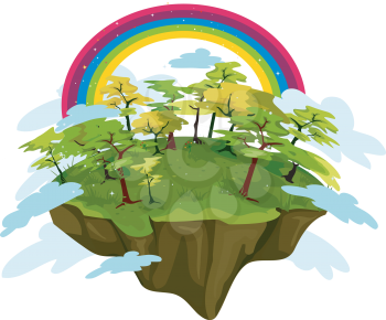 Royalty Free Clipart Image of a Floating Island With a Rainbow