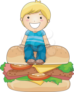 Royalty Free Clipart Image of a Boy Sitting on a Burger