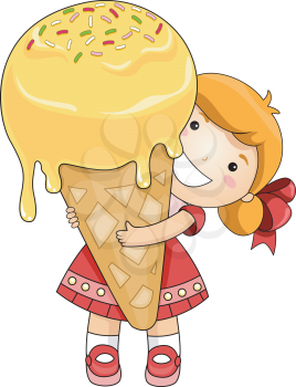 Royalty Free Clipart Image of a Girl With a Dripping Ice Cream Cone