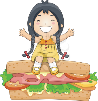Royalty Free Clipart Image of a Little Girl Sitting on Top of a Sandwich