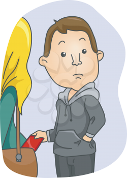 Royalty Free Clipart Image of a Man Picking a Woman's Purse