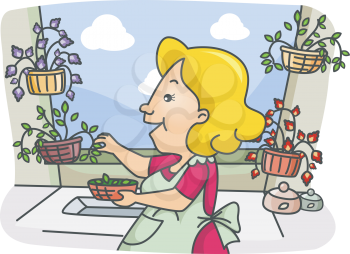 Royalty Free Clipart Image of a Woman Picking Herbs