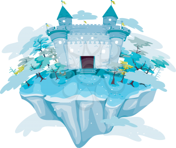 Royalty Free Clipart Image of a Castle Floating on a Blue Island