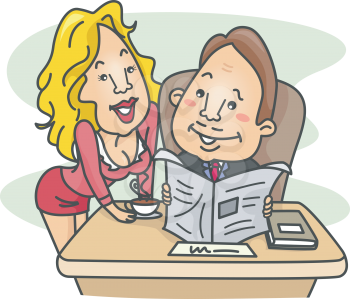 Royalty Free Clipart Image of a Woman Serving Coffee To a Man Reading Papers at a Desk
