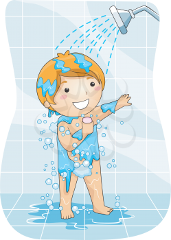 Royalty Free Clipart Image of a Boy Taking a Shower