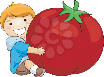 Royalty Free Clipart Image of a Boy With a Huge Tomato