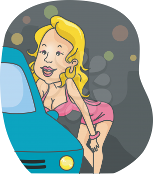 Royalty Free Clipart Image of a Woman in a Sexy Dress Leaning Over a Car