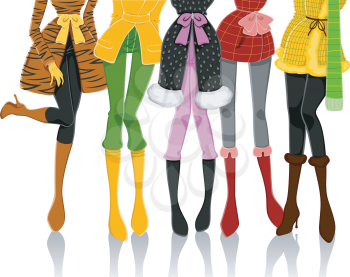 Royalty Free Clipart Image of the Bottom of a Group of Girls in Winter Clothes