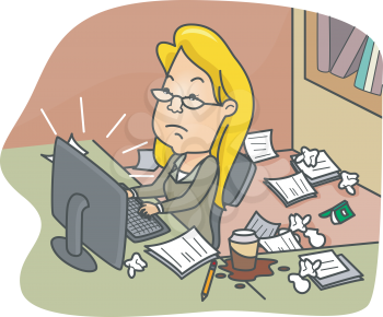Royalty Free Clipart Image of a Woman at a Computer in a Cluttered Office