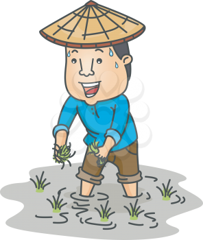 Royalty Free Clipart Image of a Farmer in a Rice Field