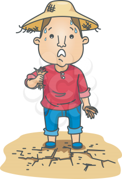 Royalty Free Clipart Image of a Farmer Looking at a Cracked Field