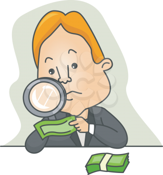 Royalty Free Clipart Image of a Man Looking at Bills Under a Magnifying Glass